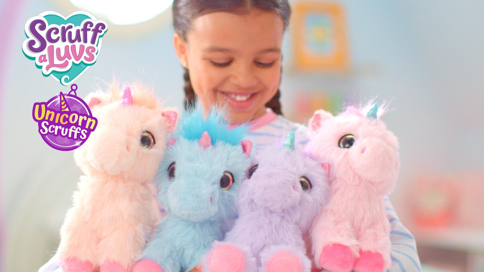 A girl smiling behind four pastel ScruffaLuvs Unicorn Scruffs